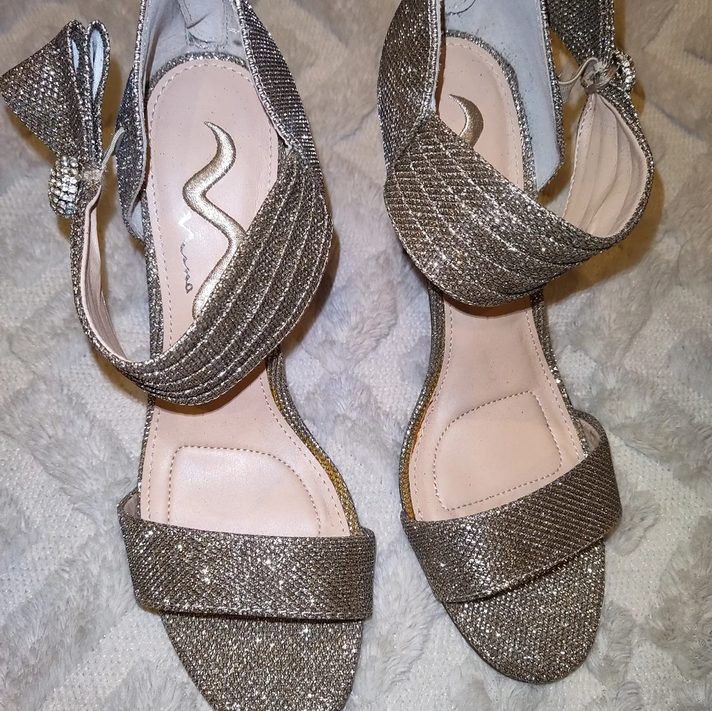 Size 8 Latte Glam Bling Sparkly Metallic Open Toe High Heels Nina Prom Wedding - Picture 3 of 8